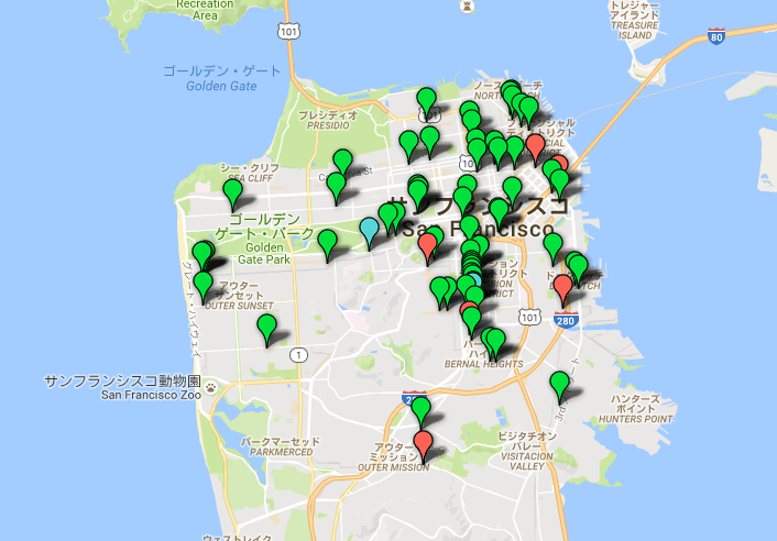 サンフランシスコ市で設置されているパークレット。緑がパークレット、オレンジはプラザを示す。（Pavement to Parks Program HPより;http://pavementtoparks.org/resources/map-of-projects-in-san-francisco/）
