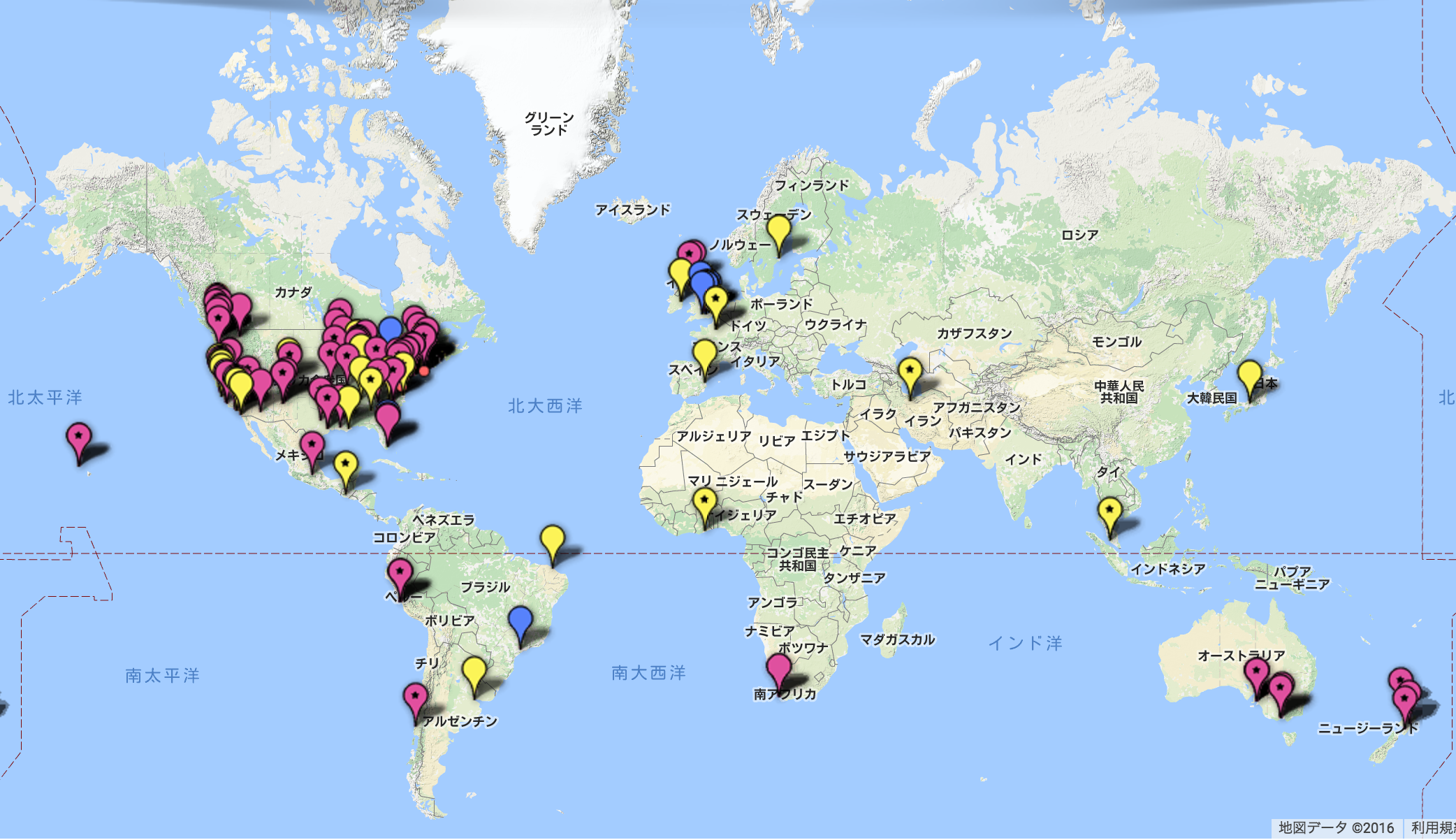 世界中で広がりを見せている。ピンクがパークレットプログラムを示す。（Pavement to Parks Program HPより;http://pavementtoparks.org/resources/map-of-projects-in-san-francisco/）